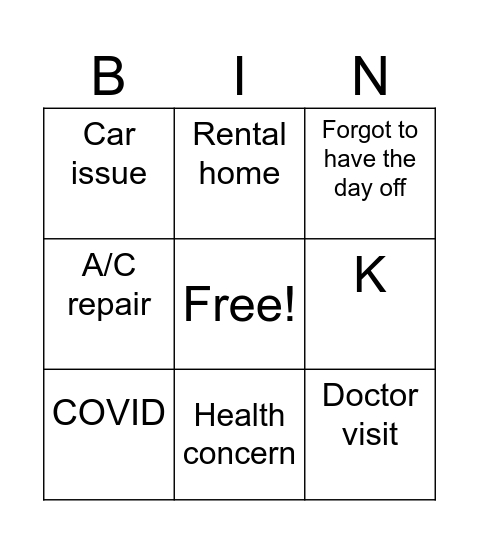 Excuse Bingo Card