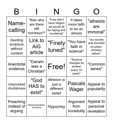 Shitty Theist Bingo Card