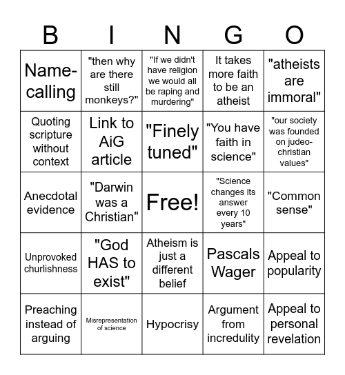 Shitty Theist Bingo Card