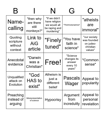 Shitty Theist Bingo Card