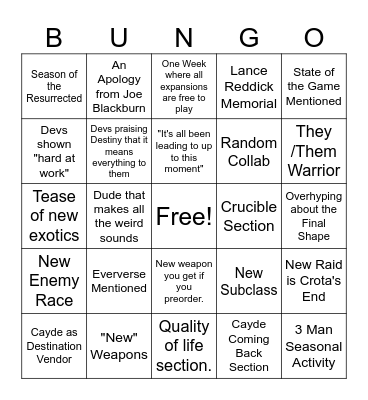 Destiny 2 Final Shape ViDoc Bingo Card