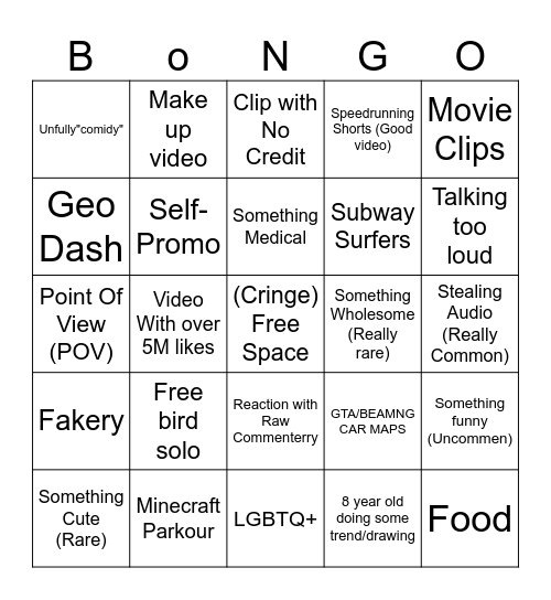 Shorts Bingo Card