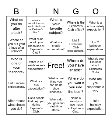 Back to School Scavenger Bingo Card