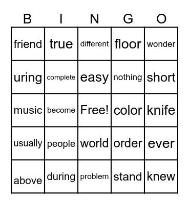 SIGHT WORDS Bingo Card