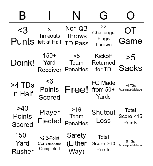 Game Stat Bingo (Season Long) Bingo Card