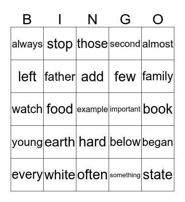 High Frequency Words Bingo Card