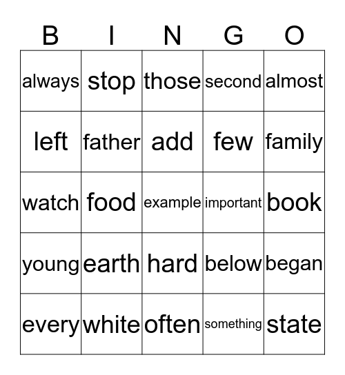 High Frequency Words Bingo Card