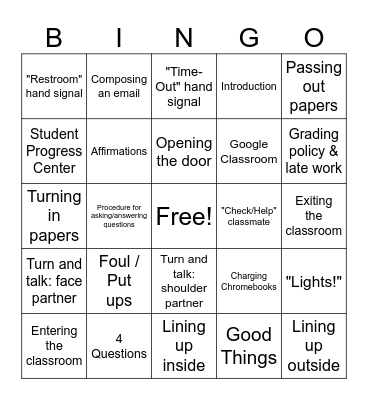 7th Grade American History - First Day BINGO Card