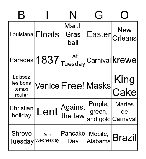 Mardi Gras Bingo Card