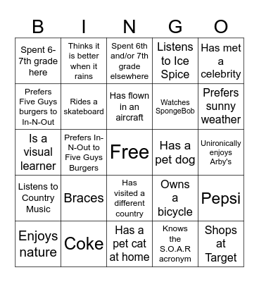 Student bingo Card