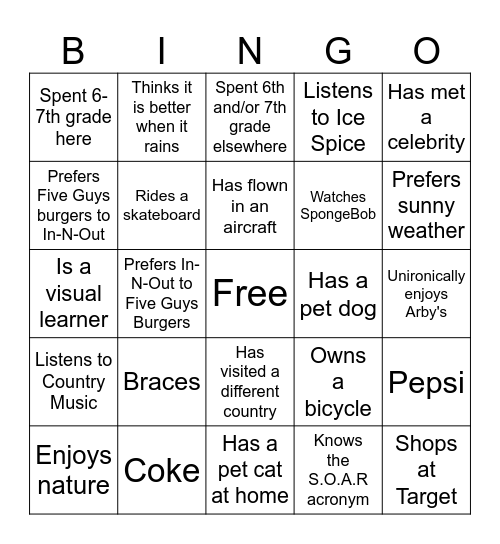 Student bingo Card