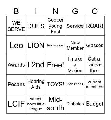 Lions CLUB Bingo Card