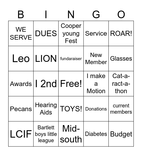 Lions CLUB Bingo Card