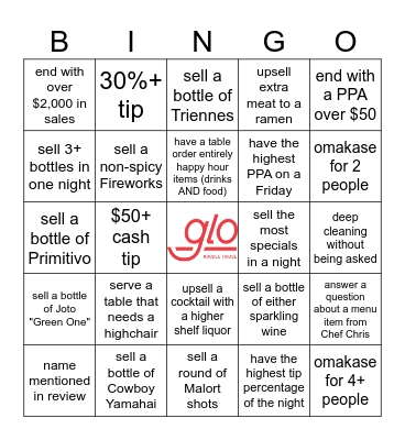 glo front of house bingo Card