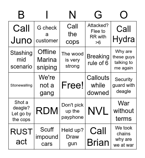 Roosters Rest War Tactics Bingo Card