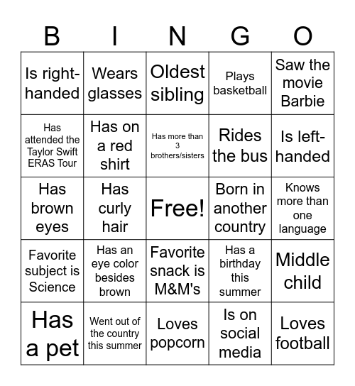 Classmate Bingo Card