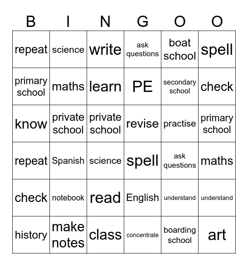 Unit 4 Vocabulary Bingo Card