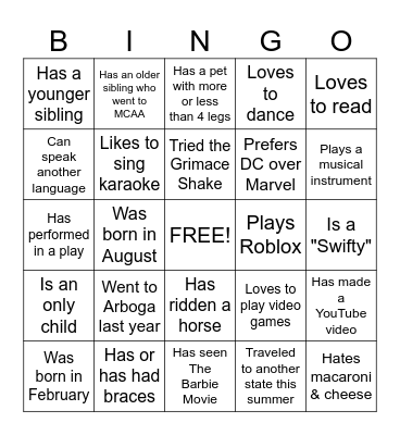 7th Grade Human Bingo Card
