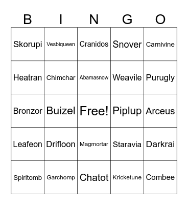Pokemon Gen 4 Bingo Card