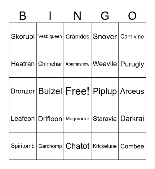 Pokemon Gen 4 Bingo Card