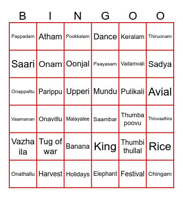 Onam 2023 Bingo Card