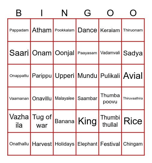 Onam 2023 Bingo Card