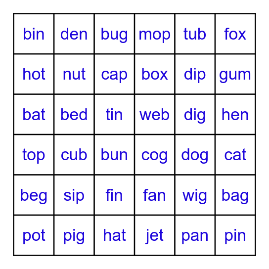 CVC Roll and Read Bingo Card