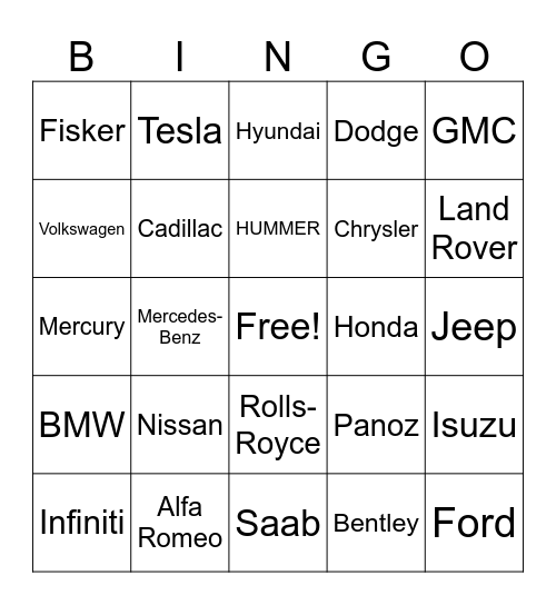 Traffic - Cars Bingo Card
