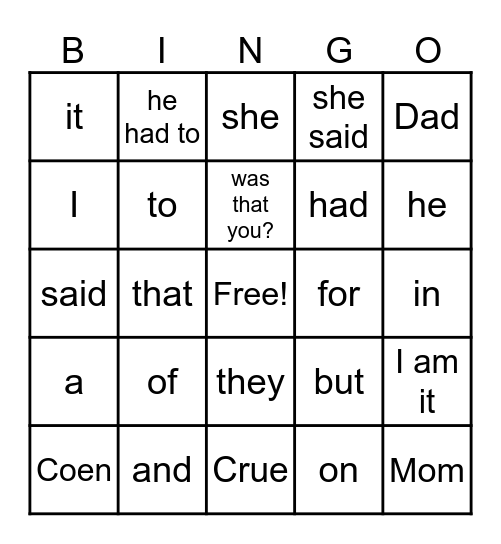 Dolch List #1 Bingo Card