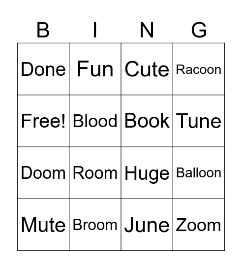 Spelling Week 1 "U Sounds" Bingo Card