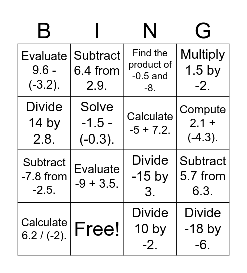 Decimal Operations Bingo Card