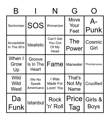 Just Dance Songs Bingo Card
