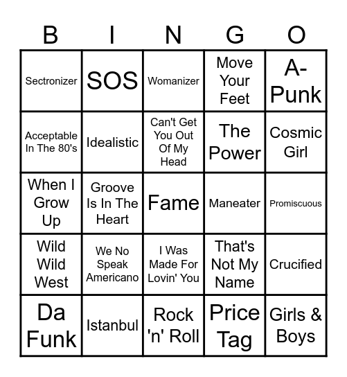 Just Dance Songs Bingo Card