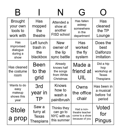 Wakeland Theatre Bingo Card