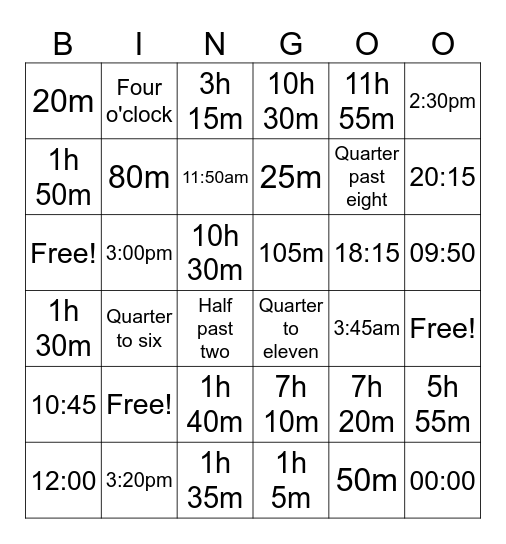 Time Bingo Card