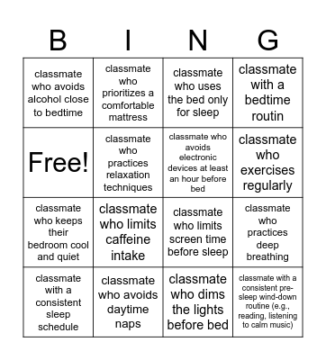 Sleep Hygiene Bingo Card