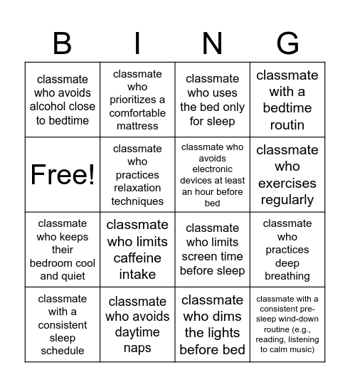 Sleep Hygiene Bingo Card