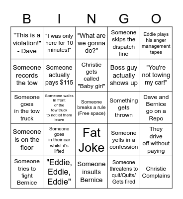 South Beach Tow Bingo Card