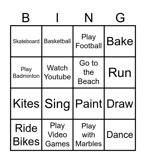 Hobbies and Interests Bingo Card