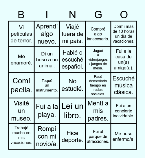 ¿Qué hiciste durante las vacaciones de verano? Bingo Card