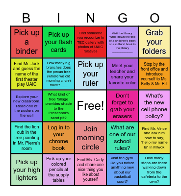 Back to School BINGO Card