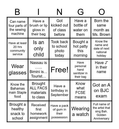FACS BINGO Card