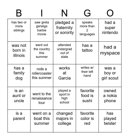 BINGO Scavengerhunt Bingo Card