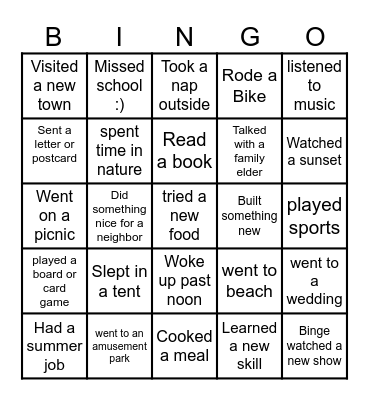 Summer Vacation Bingo Card