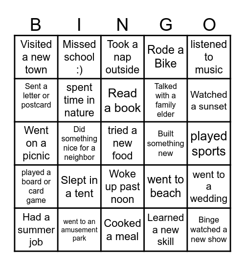 Summer Vacation Bingo Card