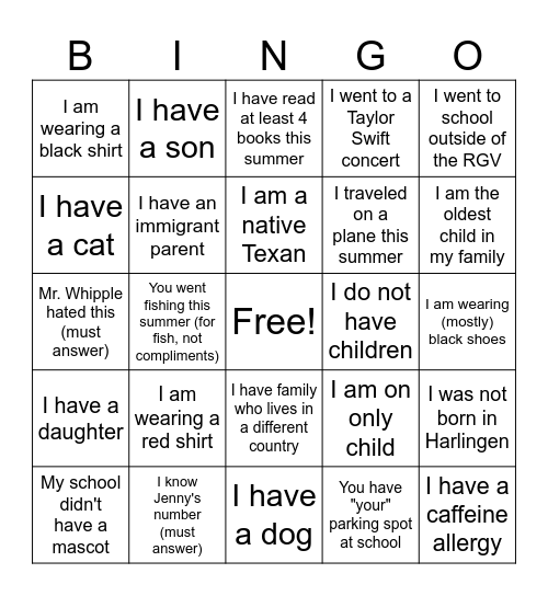 Getting to Know You Bingo Card