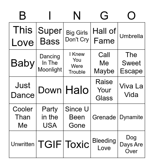 2000s Hits Bingo Card