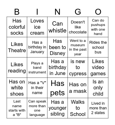 Middle School BINGO: Find someone who... Bingo Card