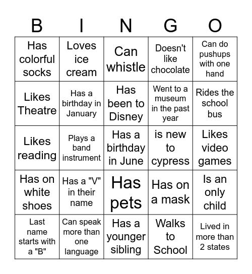 Middle School BINGO: Find someone who... Bingo Card