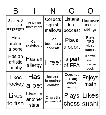 Get to Know your Classmates! Bingo Card